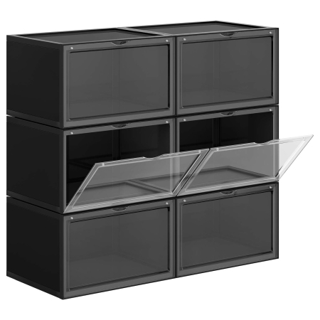 Accesorii baie - Organizatoare pantofi, transparente cu usa frontala, stivuibile, PVC, 6 cutii x 36x28x22 cm, negru