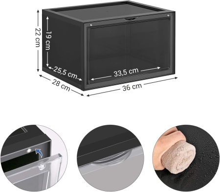 Organizatoare pantofi, transparente cu usa frontala, stivuibile, PVC, 6 cutii x 36x28x22 cm, negru [3]
