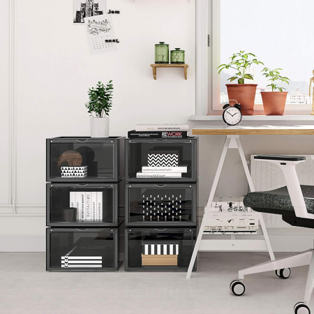 Organizatoare pantofi, transparente cu usa frontala, stivuibile, PVC, 6 cutii x 36x28x22 cm, negru [1]
