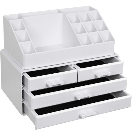 Organizare - SONGMICS Organizator de cosmetice, cu 4 sertare si 16 compartimente de diferite dimensiuni, 24x14x19cm, alb