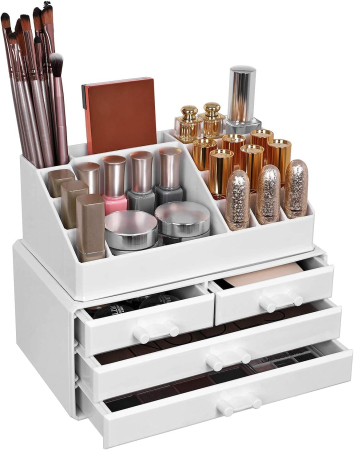 SONGMICS Organizator de cosmetice, cu 4 sertare si 16 compartimente de diferite dimensiuni, 24x14x19cm, alb [3]