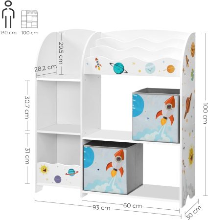 SONGMICS Organizator de jucarii si carti pentru copii, multifunctional cu 2 cutii de depozitare, 93x30x100cm, alb [9]