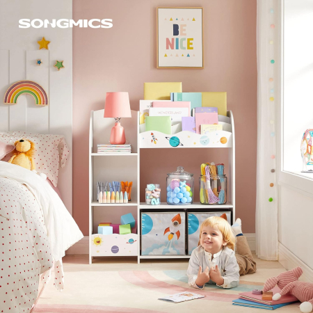 SONGMICS Organizator de jucarii si carti pentru copii, multifunctional cu 2 cutii de depozitare, 93x30x100cm, alb [2]