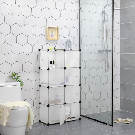 Organizator modular 9 cuburi cu usi, panouri plastic PP impermeabil, cadru metalic, anti-rasturnare, 93x31x93 cm, alb [2]