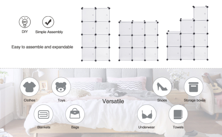 Organizator modular 9 cuburi cu usi, panouri plastic PP impermeabil, cadru metalic, anti-rasturnare, 93x31x93 cm, alb [7]