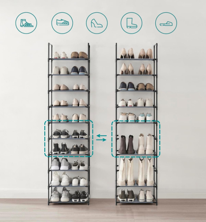 SONGMICS Pantofar cu 10 niveluri, cadru metalic si rafturi textile, 28x45x173 cm, gri [7]