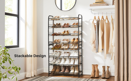 SONGMICS Pantofar cu 4 rafturi de depozitare, din metal, polite cu unghi reglabil, 28x69x65cm, negru [1]