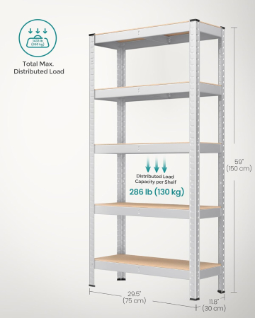 Raft cadru metalic modular pentru depozitare, 5 polite, 150x75x30cm, sarcina 650 kg, argintiu [1]