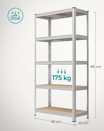 Raft cadru metalic modular pentru depozitare, 5 polite, 180x90x40 cm, sarcina 875 kg, gri [1]