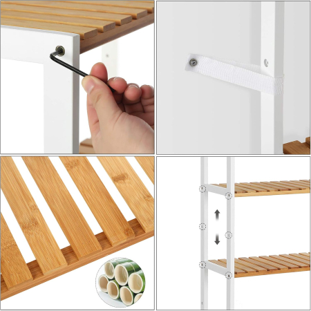 Raft de depozitare din bambus, 5 polite, pentru bucatarie sau baie, 130x60x26cm, alb si maro natur [5]