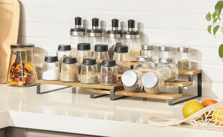 SONGMICS Raft de depozitare extensibil cu 3 nivele, bambus, stivuibil, 32x25x11cm, maro natur [2]