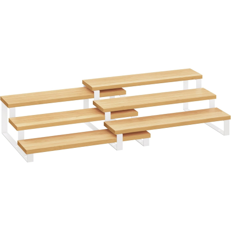 Bucatarie - Set 2 suporturi condimente extensibile 3 niveluri, bambus si metal, modular, 32x25x12 cm, natur si alb