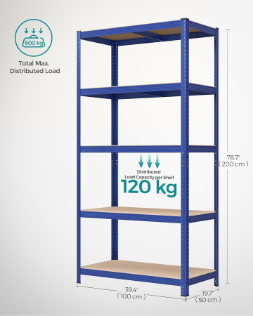 Raft de depozitare metalic, cu rafturi din PAL, 5 polite, max. 600 kg, 200x100x50cm, albastru [2]