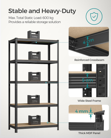 SONGMICS Raft de depozitare metalic, cu rafturi din PAL, 5 polite, max. 600 kg, 200x100x50cm, negru [3]