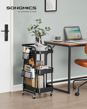 SONGMICS Raft de depozitare mobil tip carucior rulant, pentru baie sau bucatarie, cadru otel, 32x43x74 cm, negru [1]