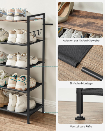 SONGMICS Raft de depozitare pantofi, metalic, 5 nivele din tesatura oxford, pentru 20-25 perechi, 29x89x93cm, maro rustic si negru [5]