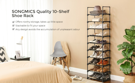 Raft de depozitare pantofi pe 10 niveluri, metal, instalare modulara, 30x45x174cm, negru [9]