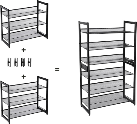 Raft de depozitare pantofi pe 3 niveluri, metal, rafturi plate sau unghiulare reglabile, 31x74x63cm, negru [7]