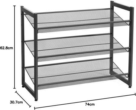 Raft de depozitare pantofi pe 3 niveluri, metal, rafturi plate sau unghiulare reglabile, 31x74x63cm, negru [2]