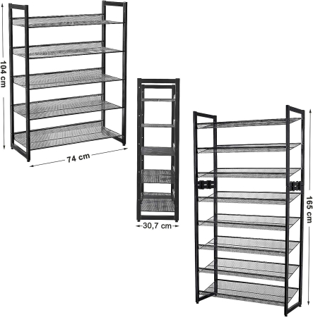 SONGMICS Raft de depozitare pantofi pe 5 niveluri, metal, rafturi plate sau unghiulare reglabile, 31x74x104cm, negru [6]
