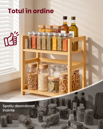 Raft de depozitare pe 2 niveluri, MDF, organizator de birou sau bucatarie, 42x18x43 cm, bej natural [5]