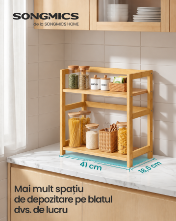 Raft de depozitare pe 2 niveluri, MDF, organizator de birou sau bucatarie, 42x18x43 cm, bej natural [3]
