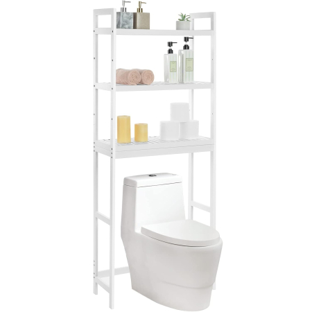 SONGMICS Raft de depozitare pentru baie, suprapunere peste masina spalat sau vas WC, din bambus, rafturi reglabile, 26x63x163 cm, alb [7]