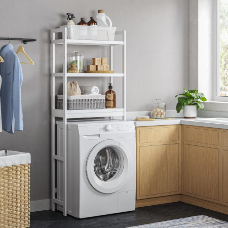 SONGMICS Raft de depozitare pentru baie, suprapunere peste masina spalat sau vas WC, din bambus, rafturi reglabile, 26x63x163 cm, alb [3]