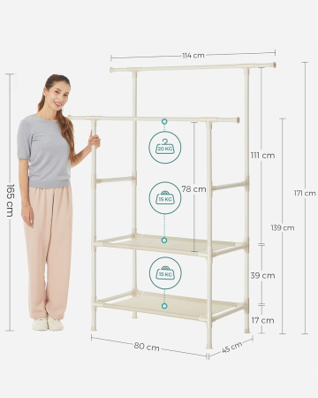 SONGMICS Raft de haine cu bara dubla pentru umerase, 2 polite, incarcare 70 kg, 114x45x171cm, alb [5]