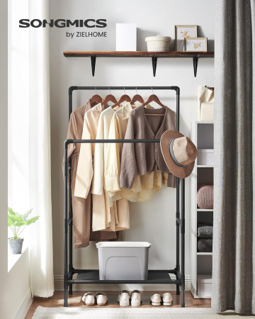 SONGMICS Raft de haine din metal, cu 2 bare de haine si 1 raft, stil industrial, 45x83x157cm, negru [7]