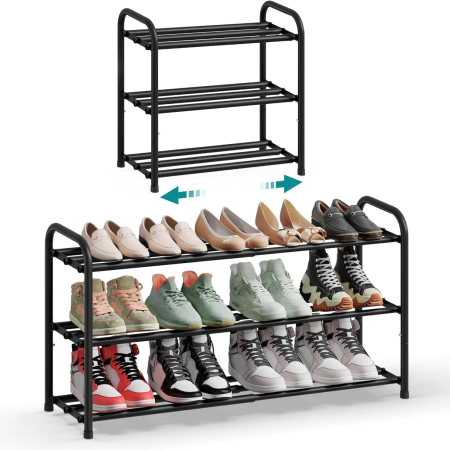 Living & hol - Raft extensibil pentru incaltaminte, 3 niveluri, metal, pana la 12 perechi pantofi, reglabil 25x48x(44-82) cm, negru