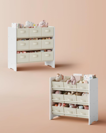 SONGMICS Raft jucarii si carti 63x30x60 cm, cu 9 cutii textile detasabile, MDF, alb [1]