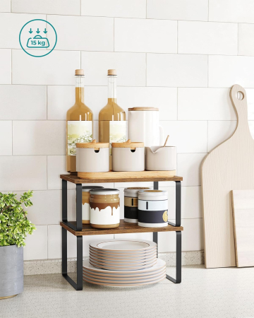 Raft organizator condimente extensibil set 2 bucati, metal si PAL, suprapozabil, 30x20x16 cm, maro rustic [2]
