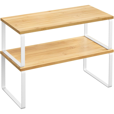 Suporturi si accesorii de bucatarie - Raft organizator condimente extensibil set 2 bucati, metal si PAL, suprapozabil, 39x19x15 cm, maro natur