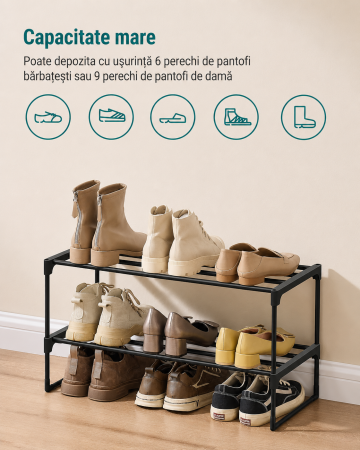 Raft pentru pantofi cu 2 niveluri, capacitate 6-9 perechi, 68x30x34 cm, negru [5]