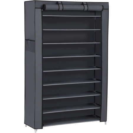 Garderobe - Pantofar vertical 9 nivele cu husa protectie praf, capacitate 40-50 perechi, spatiu flexibil pentru cizme, buzunare laterale, cadru metalic si rafturi textile, 88x28x160 cm, gri