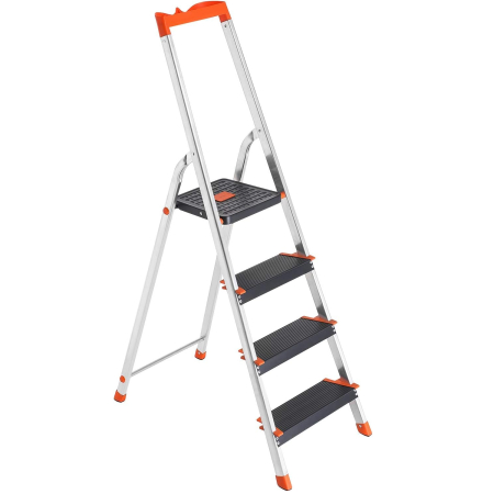Organizare - SONGMICS Scara aluminiu pliabila cu 4 trepte, latime trepte 12 cm, cu maner, sarcina 150 kg, 44x156 cm
