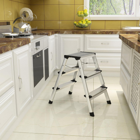 SONGMICS Scara dubla din aluminiu, multifunctionala, sarcina 150kg, cu 3 trepte, 59x44x62cm [2]