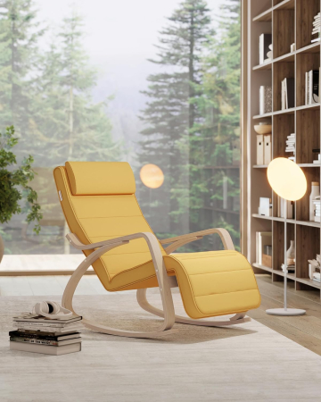 Scaun balansoar din lemn, suport picioare reglabil, maxim 150kg, 121x67x84 cm, galben [5]