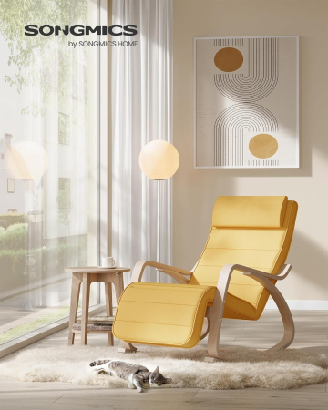 Scaun balansoar din lemn, suport picioare reglabil, maxim 150kg, 121x67x84 cm, galben [3]