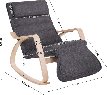 SONGMICS Scaun balansoar din lemn, suport picioare reglabil, maxim 150kg, 67x115x91cm, gri inchis [2]