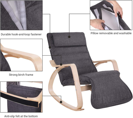 SONGMICS Scaun balansoar din lemn, suport picioare reglabil, maxim 150kg, 67x115x91cm, gri inchis [4]