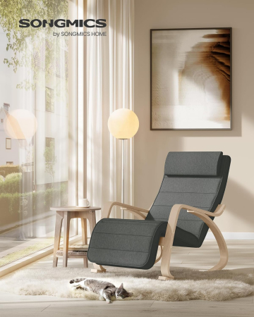 SONGMICS Scaun balansoar din lemn, suport picioare reglabil, maxim 150kg, 67x122x84 cm, gri inchis [1]