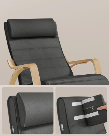 SONGMICS Scaun balansoar din lemn, suport picioare reglabil, maxim 150kg, 67x122x84 cm, gri inchis [5]