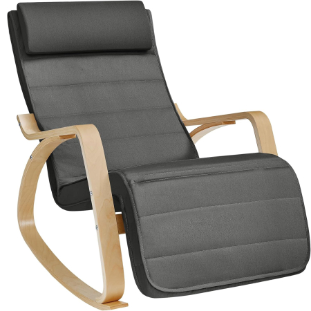 Mobila - SONGMICS Scaun balansoar din lemn, suport picioare reglabil, maxim 150kg, 67x122x84 cm, gri inchis