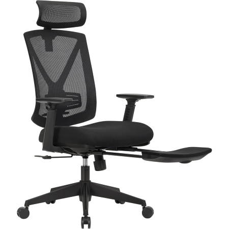 Scaune birou - Scaun birou ergonomic cu suport picioare extensibil, sezut gros cu spuma, spatar mesh si tetiera reglabila, 69x70x133 cm, negru