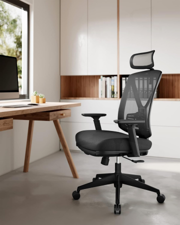 Scaun birou ergonomic cu suport picioare extensibil, sezut gros cu spuma, spatar mesh si tetiera reglabila, 69x70x133 cm, negru [1]