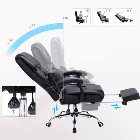 Scaun birou ergonomic, cu suport picioare retractabil, spatar reglabil 135Â°, maxim 150 kg, 70x70x125 cm, negru [3]