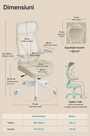 Scaun birou ergonomic cu tetiera, suport lombar, brate rabatabile, maxim 150 kg, 71x71x119 cm, cappuccino bej [4]