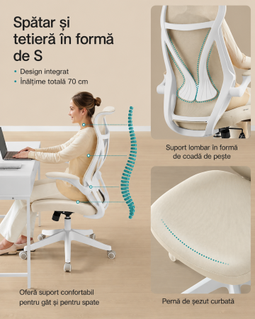 Scaun birou ergonomic cu tetiera, suport lombar, brate rabatabile, maxim 150 kg, 71x71x119 cm, cappuccino bej [2]
